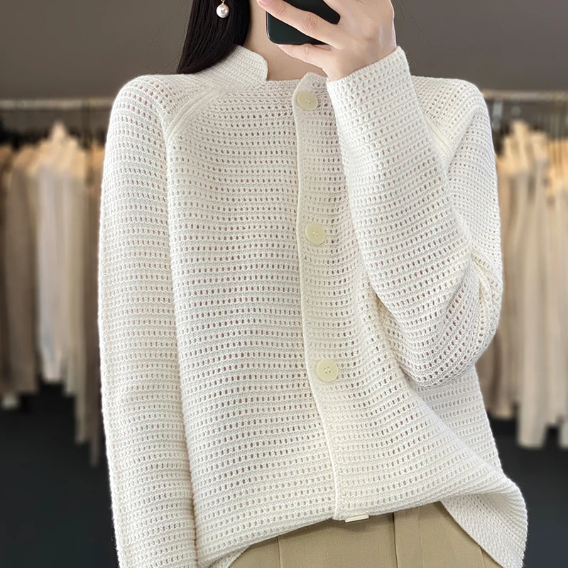 

2023 autumn and winter new stand collar 100% pure cashmere cardigan women loose temperament sweater with wool knitted coat