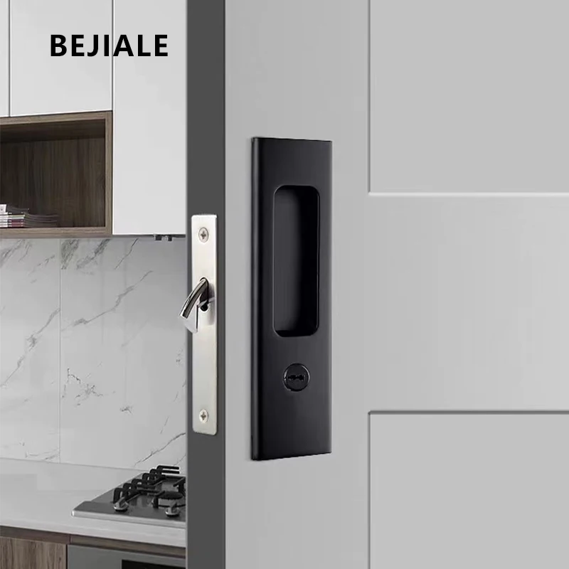 Kitchen Bathroom Sliding Door Lock Shift Door Lock Invisible Wooden Dark Black Shift Handle Trip