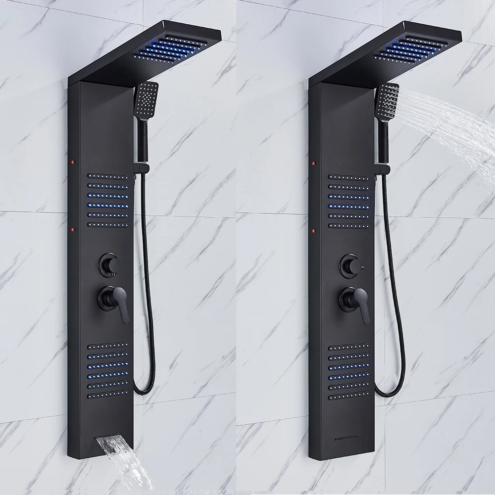 Matte Black LED Shower Panel Waterfall Rain Shower Faucet Set SPA Massage Jet Bath Column