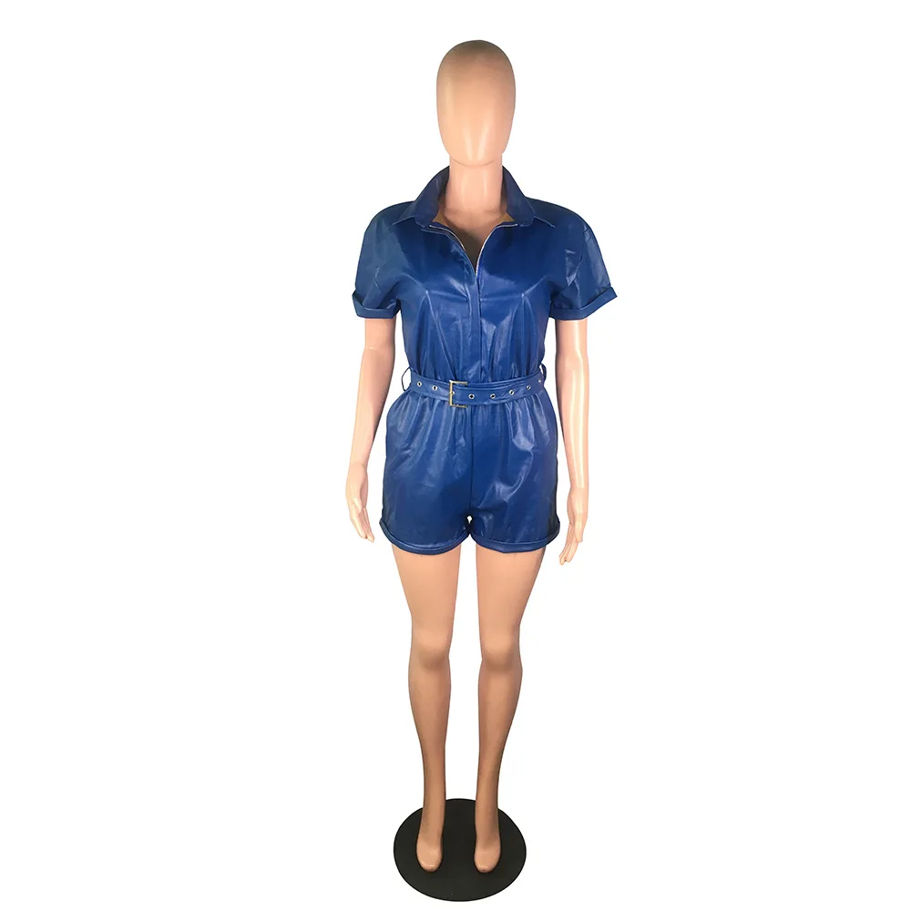 Fashion Leather Playsuits Women's Overalls Zipper Short Sleeves