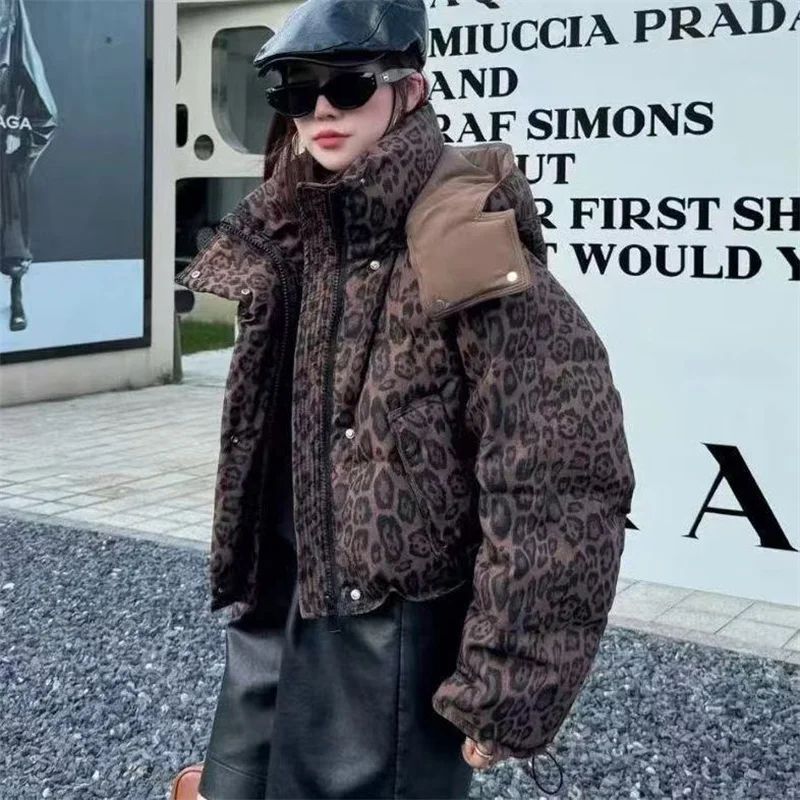 Leopard print down cotton jacket short style 2026 new winter fashion loose and thick stand up collar bread jacket
