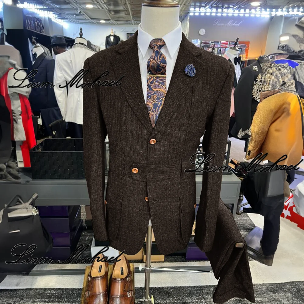 Men's Vintage Suit 2 Piece Herringbone Jacket Pants Formal Office Workwear Wool Party Dress Groom's Tuxedo