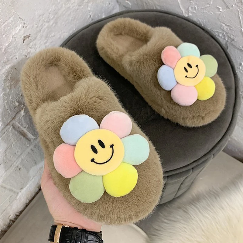 Indoor Slippers for kid Lovely Sun Flower Women Slippers Winter Bedroom Warm Fuzzy Fluffy Flat Shoes Home Slippers Baotou Lazy Thick Fur Slides indoor shoes slippers Indoor Slippers