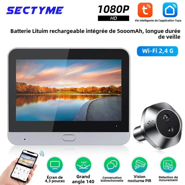 Sonnette de porte avec caméra judas WiFi Smart Life Tuya 140 °   Détecteur de mouvement PIR à batterie 1080P 5000mAh, visionneuse numérique IR, conversation bidirectionnelle 1