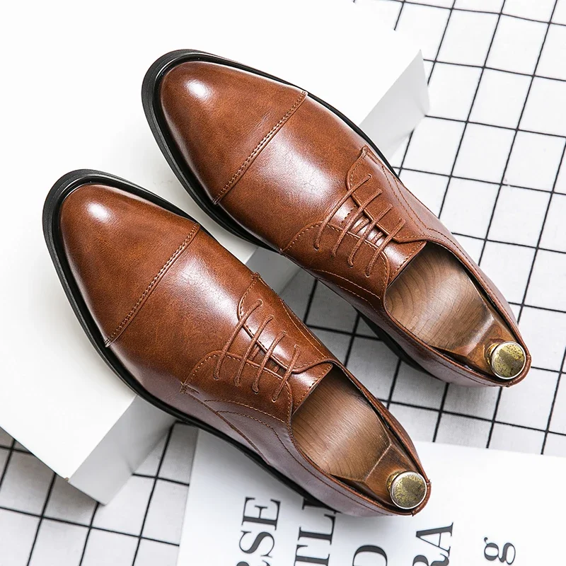 Men   Fashion Derby Shoes Round Toe Panel Classic Retro Lace up Office Business Dress Shoes Black Brown Size 38-48 Men  Shoes