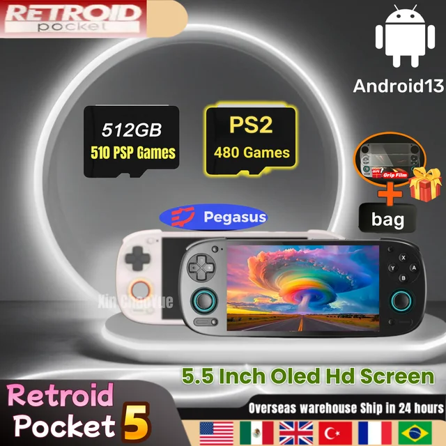 Retroid Pocket 5 RP5 Console de jeu portable rétro Consoles de jeux vidéo Android13 5.5 pouces OLED HD écran SD865 8 + 128G 512G PSP PS2 1