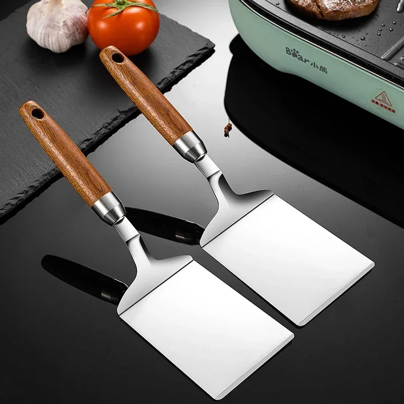 Steak Cooking Spatula Stainless Steel Square Head Pizza Shovel Pancake Beef Turner Scraper Wood Handle BBQ Utensils For Kitchen