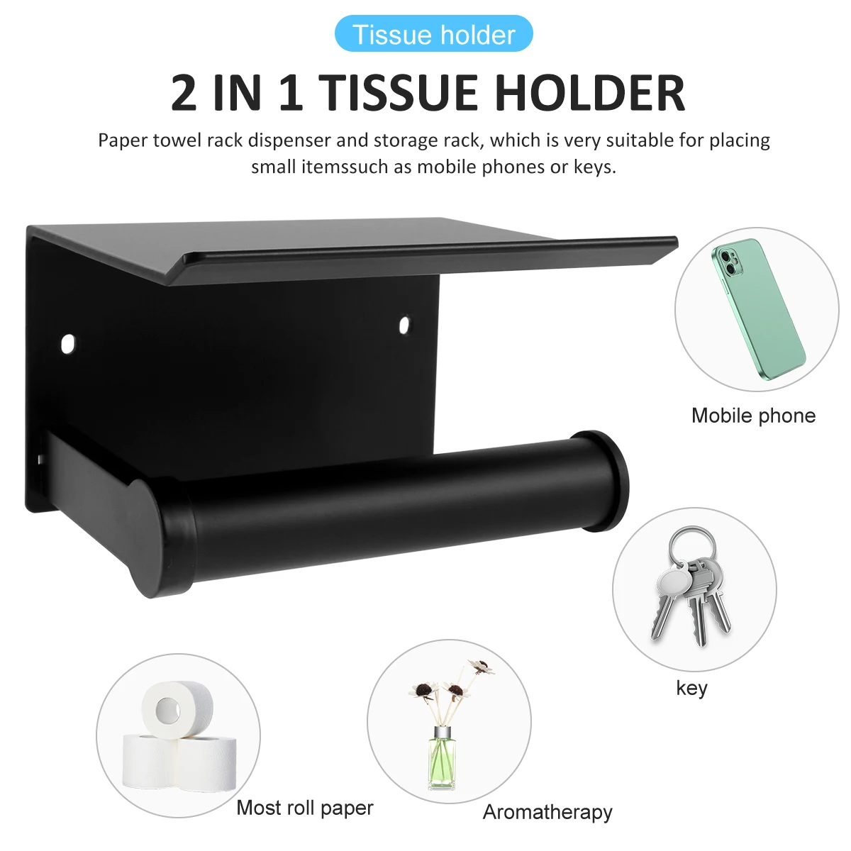 Wall Mounted Toilet Roll Holder Self-Adhesive Rustproof Tissue Holder with Phone Shelf and 2 Towel Hooks for Bathroom Kitchen