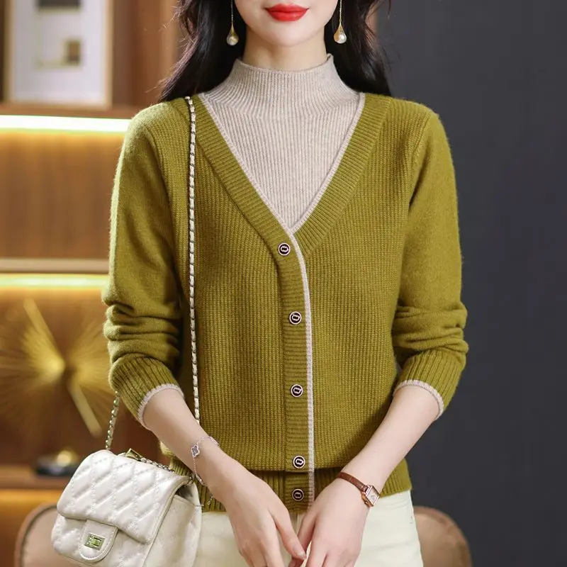 Women's Autumn Winter Fashion Pullover Half High Collar Colored Long Sleeve Loose Sweater Knitted Fake Two Piece Bottom Tops