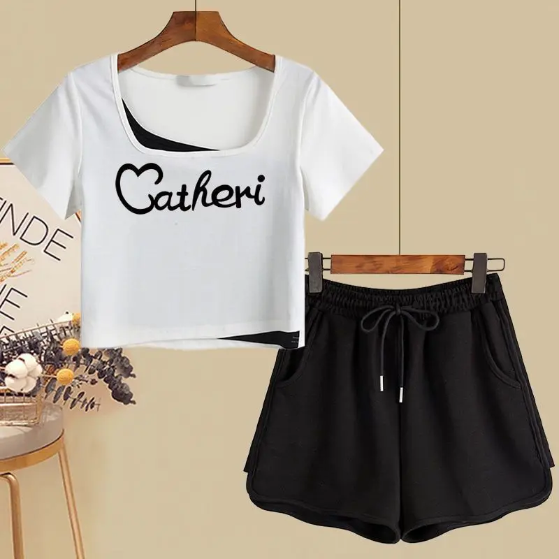 Pure Cotton Fake Two-piece Summer New Two-piece Set for Women's Loose Short Sleeved Shorts, Sporty Casual Slimming Two-piece Set