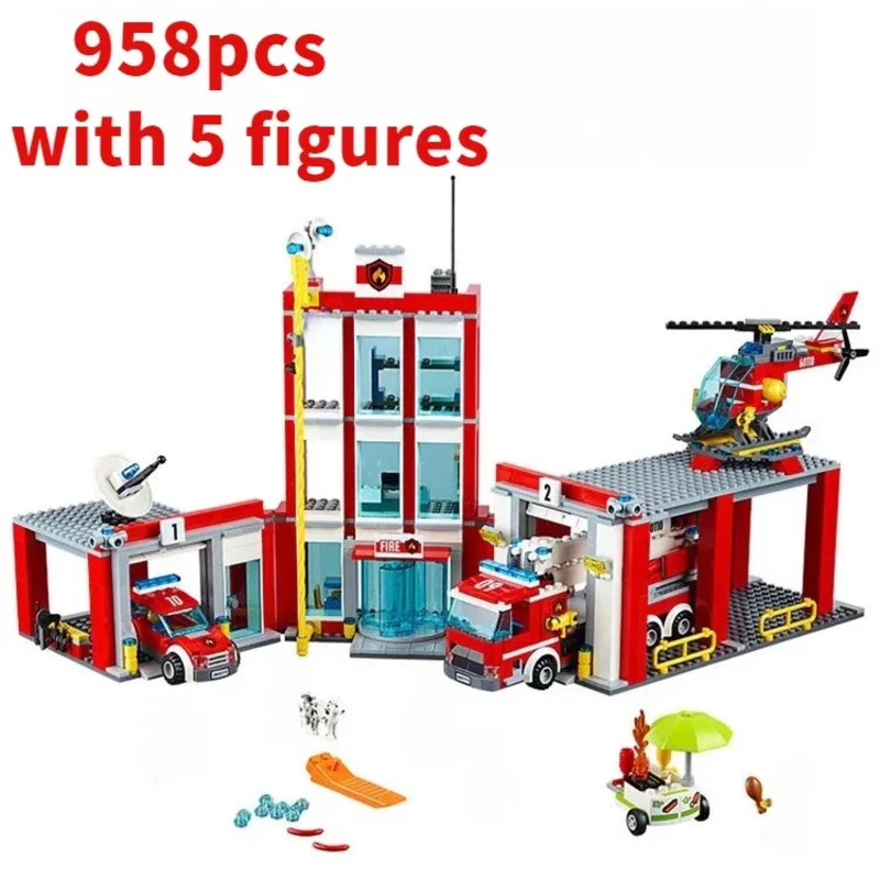 City Fire Station Helicopter Truck Garage Firehouse Building Blocks Set ...