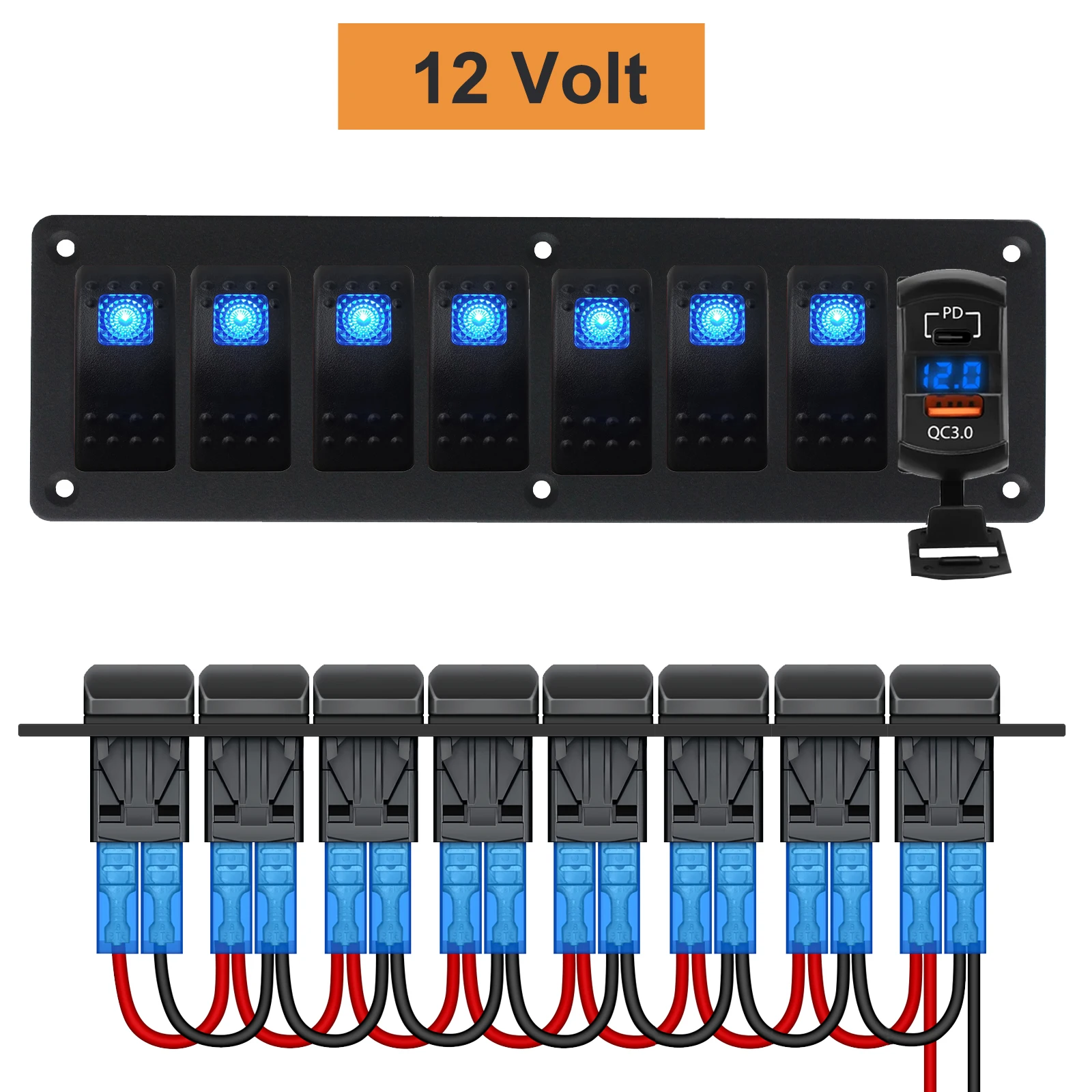8 Gang Rocker Switch Panel 12V/24V Blue LED 3PIN ON/Off Toggle Switches ...