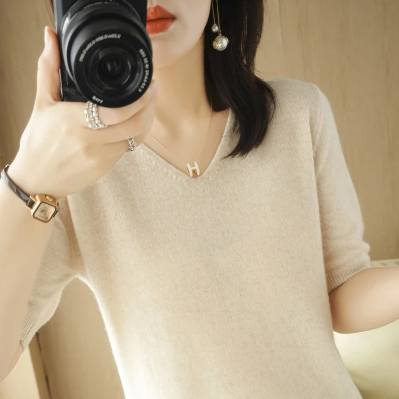 

Spring Sumemr Women Sweaters Knit Short Sleeves V-neck Bottoming Shirt Knitwear 2023 Camel Green Pink Pullovers Korean Jumpers