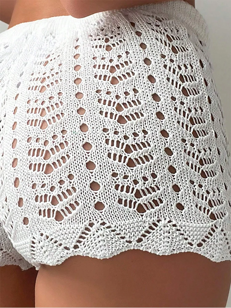 Women's White Crochet Knit Shorts High Waist Elastic Drawstring Beach Summer Hollow Out Mesh Bottoms 4