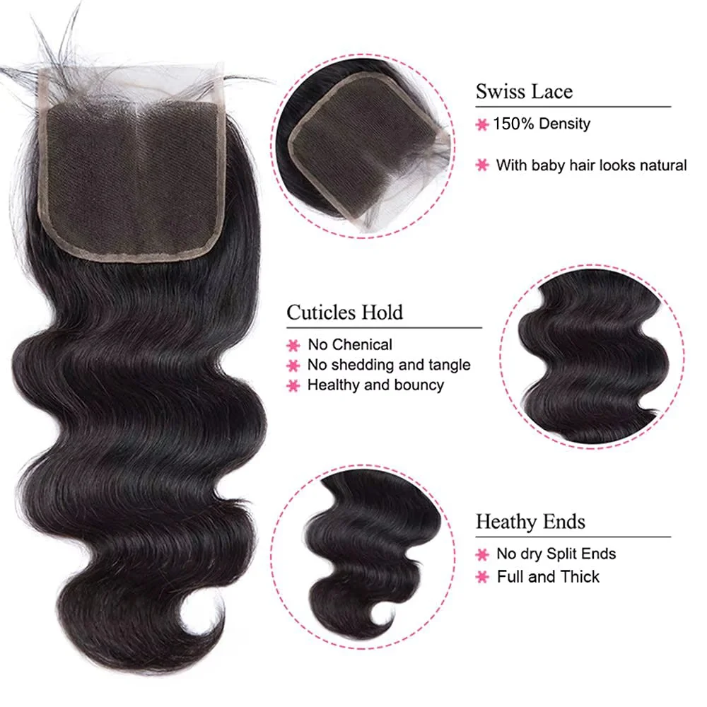 Human Hair Bundles with Closure Body Wave Brazilian Virgin Human Hair Weave 3 Bundles with 4x4 Lace Closure Natural Black Color 4
