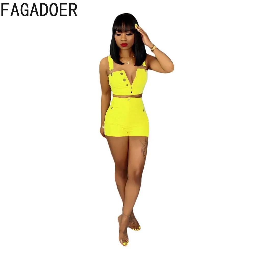 FAGADOER Fashion Streetwear Women Strap Sleeve Crop Top And Denim Shorts Two Piece Sets Female Cowboy Matching 2pcs Outfits 2023