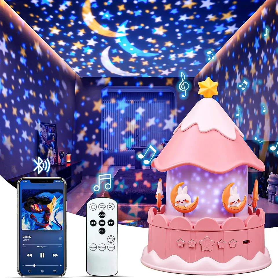 Projetor Infantil Carrossel Com 23 Filmes E 12 Músicas - Luz Noturna Recarregável, Controle Remoto | Para Quarto De Crianças