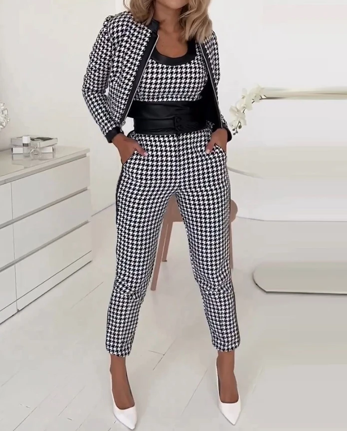 

Two Piece Set Women Outfit 2024 Spring Fashion Houndstooth Print Tank Top & Elegant Pocket Work Pants Set with Zipper Fly Jacket