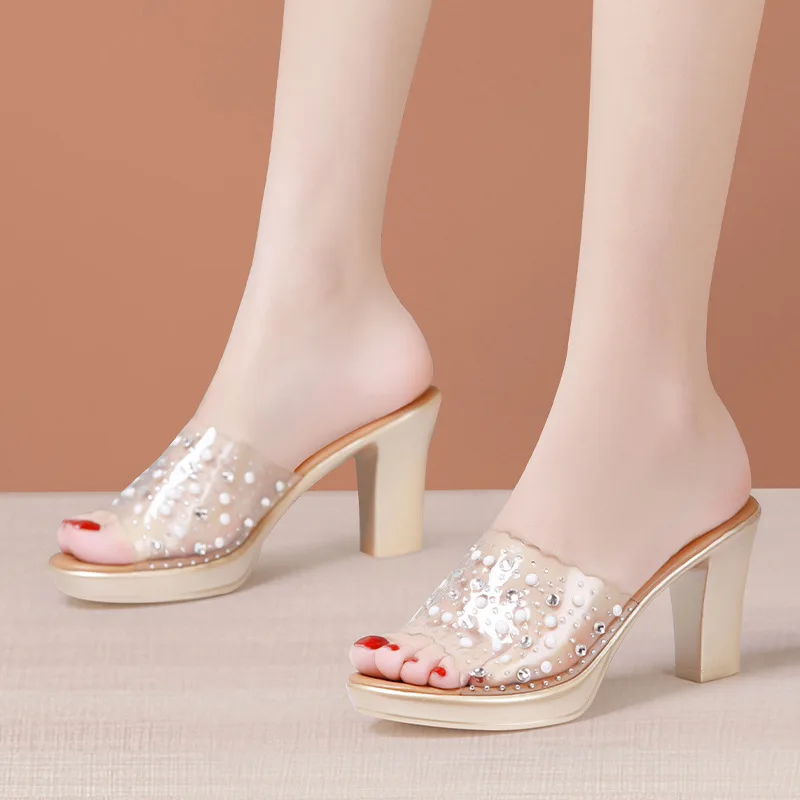 8cm Small Big Size 32-43 Clear Rhinestone Gold Block High Heels Shoes Summer Slippers 2023 Women's Leather Slides Office Party