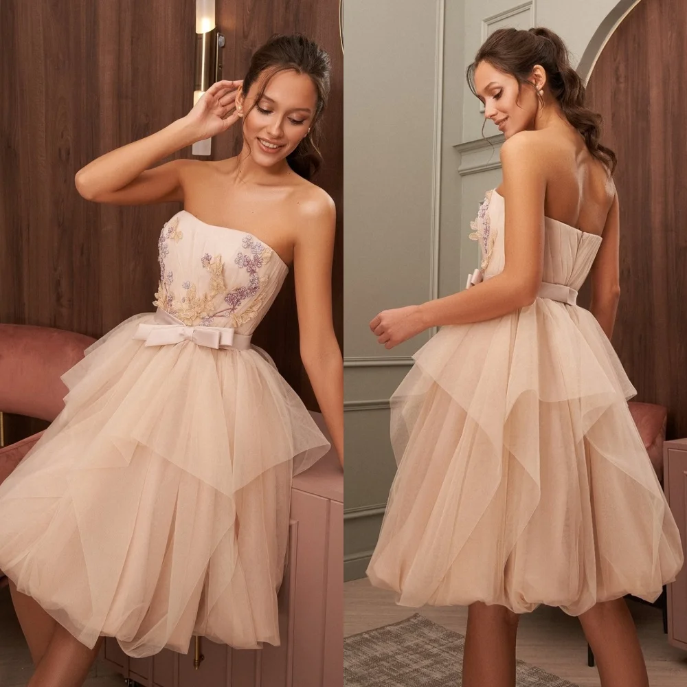 

Tulle Draped Bow Applique Valentine's Day A-line Strapless Bespoke Occasion Gown Knee Length Dresses