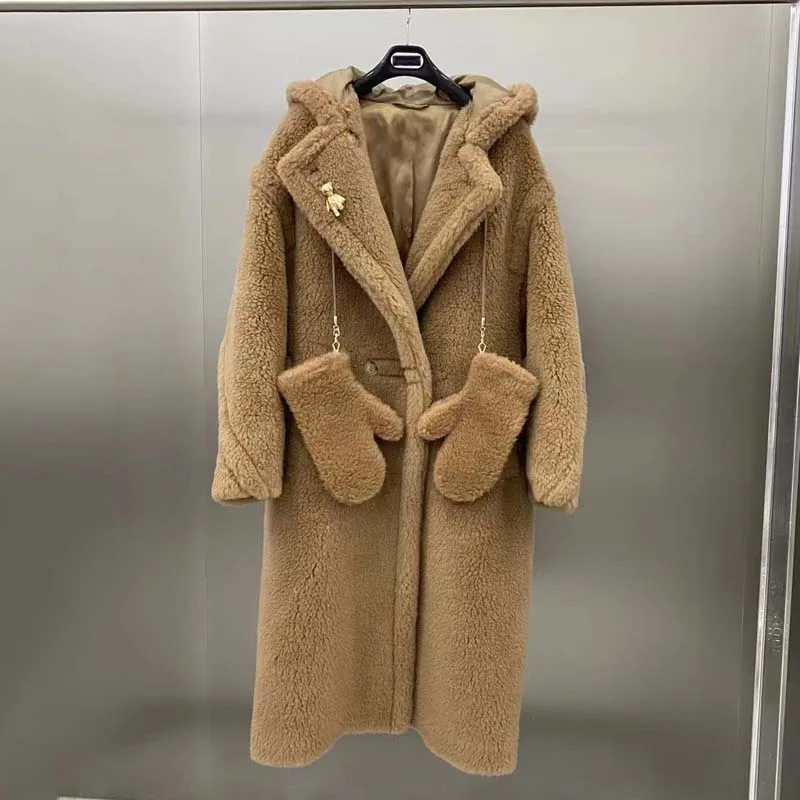 

Long Length Coat Winter Women 2024 New Fashion Thick Warm Teddy Bear Jacket Hooded Max Grand And Luxurious Sheep Wool