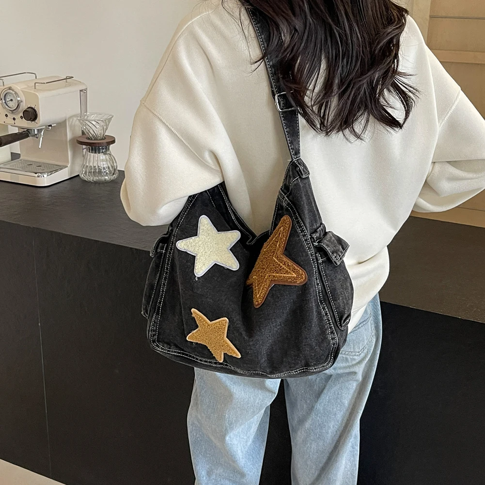 Star Denim Hobo Bag Large Capacity Fashion Handbag with Zipper