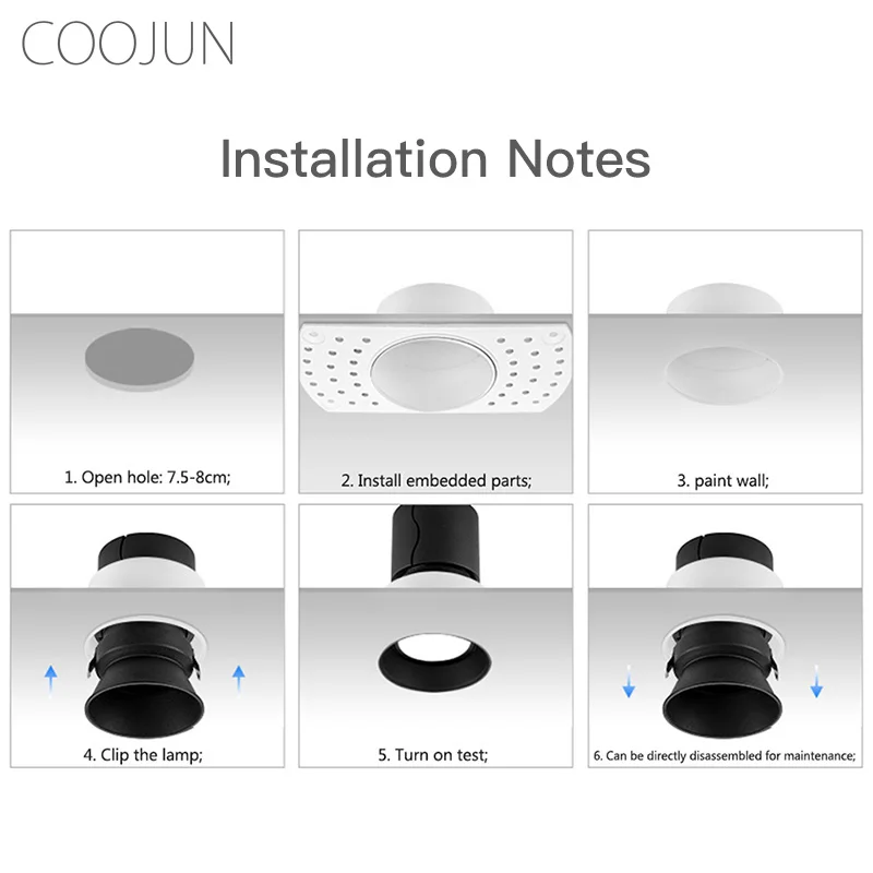 COOJUN Smart Triac Dimming LED Downlight 5W Embedded Spotlight Ceiling Lamp Frame Seamless Wall Wash Mini Spotlight Indoor Lamp