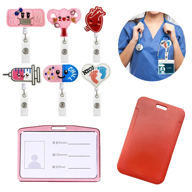 

Women Girls Staff ID Tag Badge Reel Felt Cloth Embroidery Retractable Easy Pull Card Clips Rotatable Badge Reel Clip for Nurse