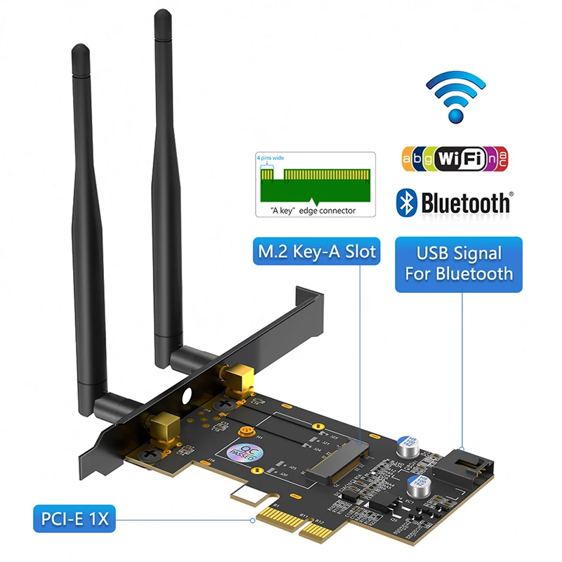 새로운 PCIe X1-M.2 WiFi 블루투스 어댑터(방열판 포함) 블루투스 케이블 지원 A+E 키 M.2 듀얼 밴드 2.4GHz/5GHz 네트워크 모듈
