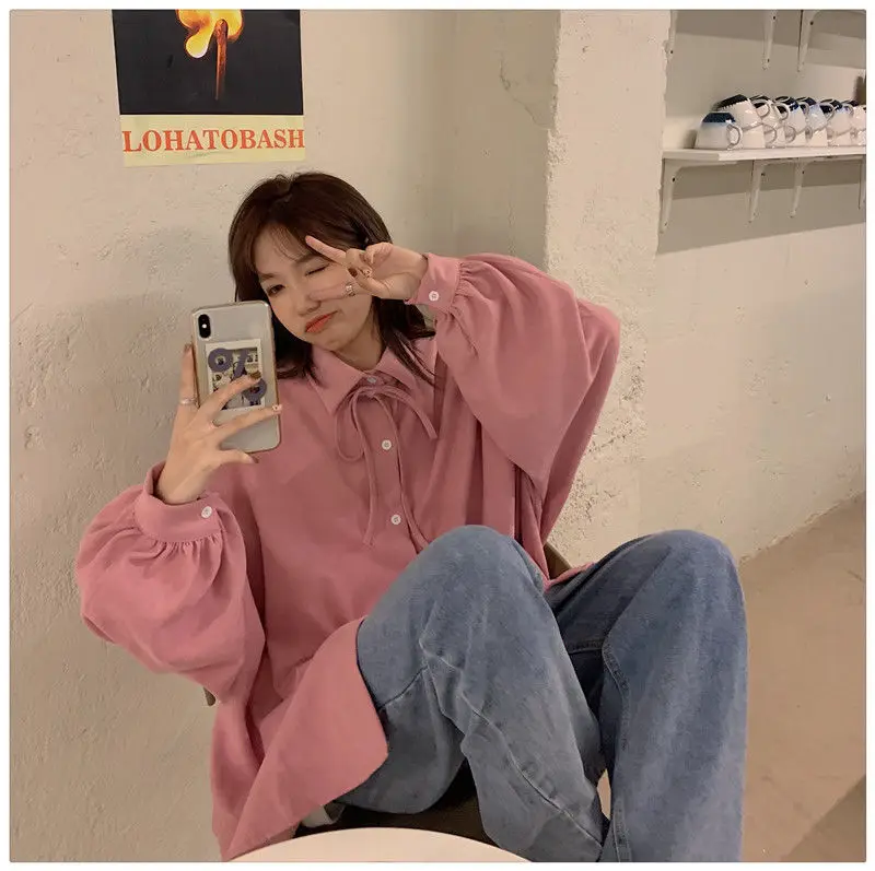 HOUZHOU Korean Fashion Harajuku Blouses Women Basic Oversized Long Sleeve Preppy Style Kawaii Shirt Female Cute Pink Top Vintage