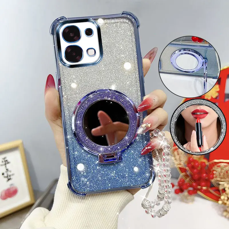 Glitter Shockproof Phone Case with Mirror Stand and Beaded Strap