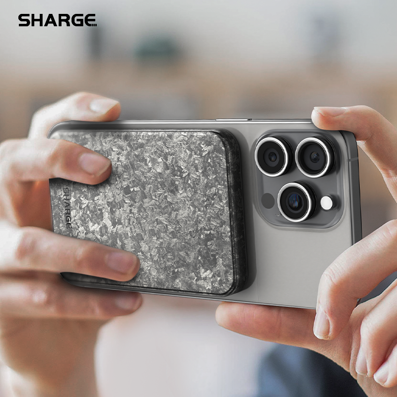 SHARGE CarbonMag qi2 Wireless Charger Power Bank Slim Magnetic Portable Charger 5000mAh for Magsafe iPhone 16 Pro Max/15/14/13