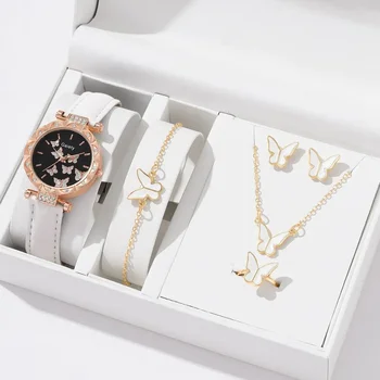 6PCS Luxury Watch Women Ring Necklace Earring Bracelet Rhinestone Fashion Wristwatch Female Casual Ladies Watch Bracelet No Box