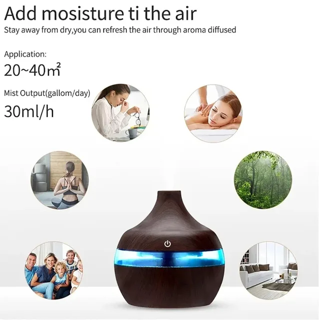 300ml High Quality Aromatherapy Essential Oil Diffuser Wood Grain Remote Control Ultrasonic Air Humidifier with 7 Colors Light 6