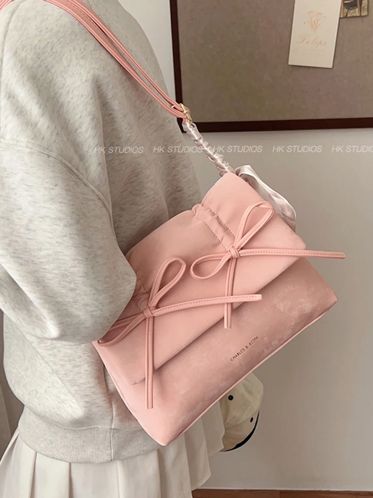 Sweet Bow Pink Bag For Women New Trendy Female Square One Shoulder Crossbody Bags Large Capacity Commuting Student Tote Package