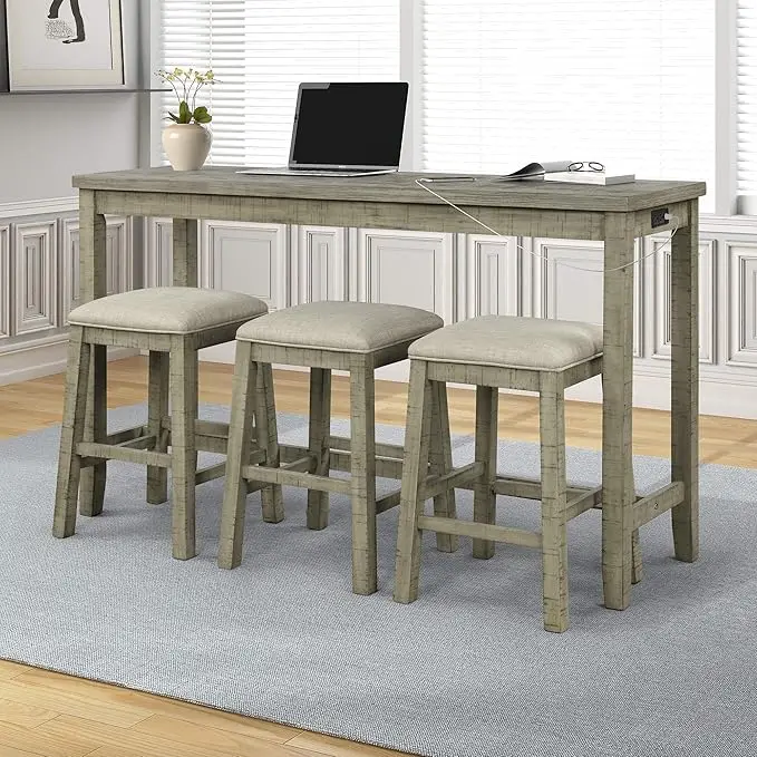 4-Piece Bar Table Set Counter Height Dining Pub Table Set with 3 Bar Stools Multipurpose Pub with USB Interface