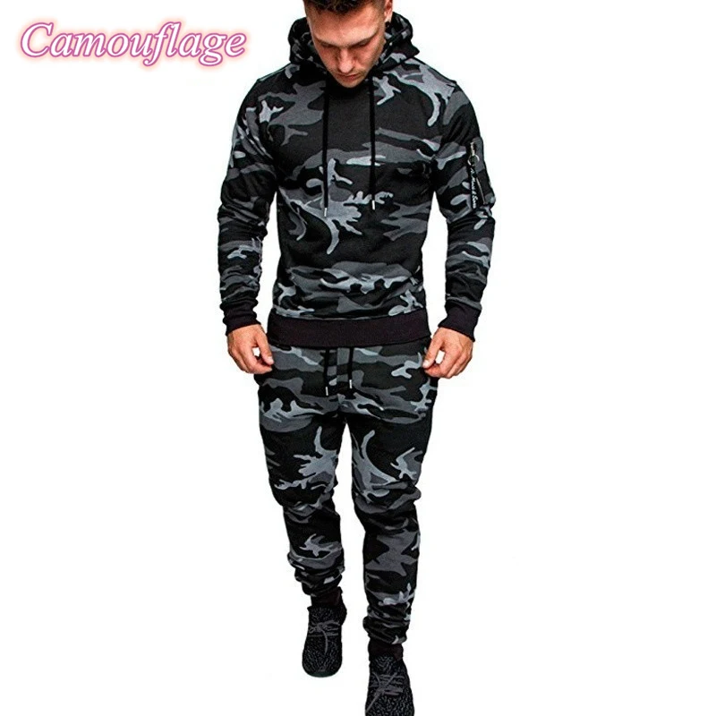 Autumn Camouflage Grey Men's Outfits Hoodies Winter Casual Sports Sweatpants Hooded High Quality Pant Camo Tracksuit 2pcs Set 3