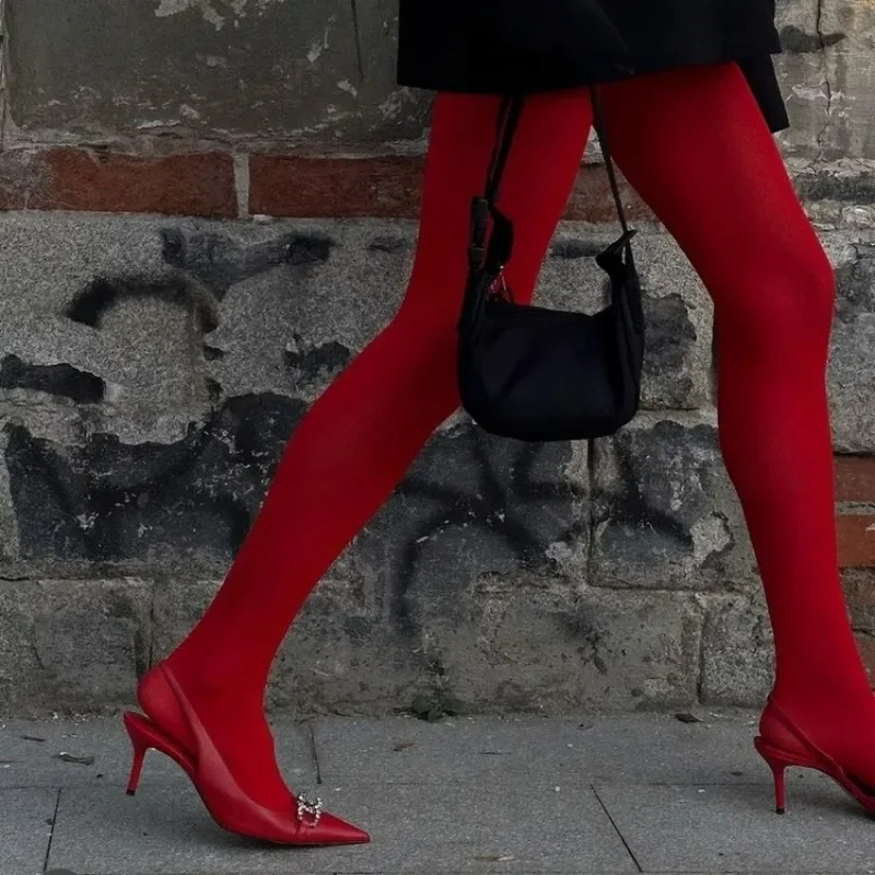 New Red Tights Female Stockings Slim See-Through Lingerie Lace Leggings Winter Women's Pantyhose Red Bodys Sexy Mujer Bottom