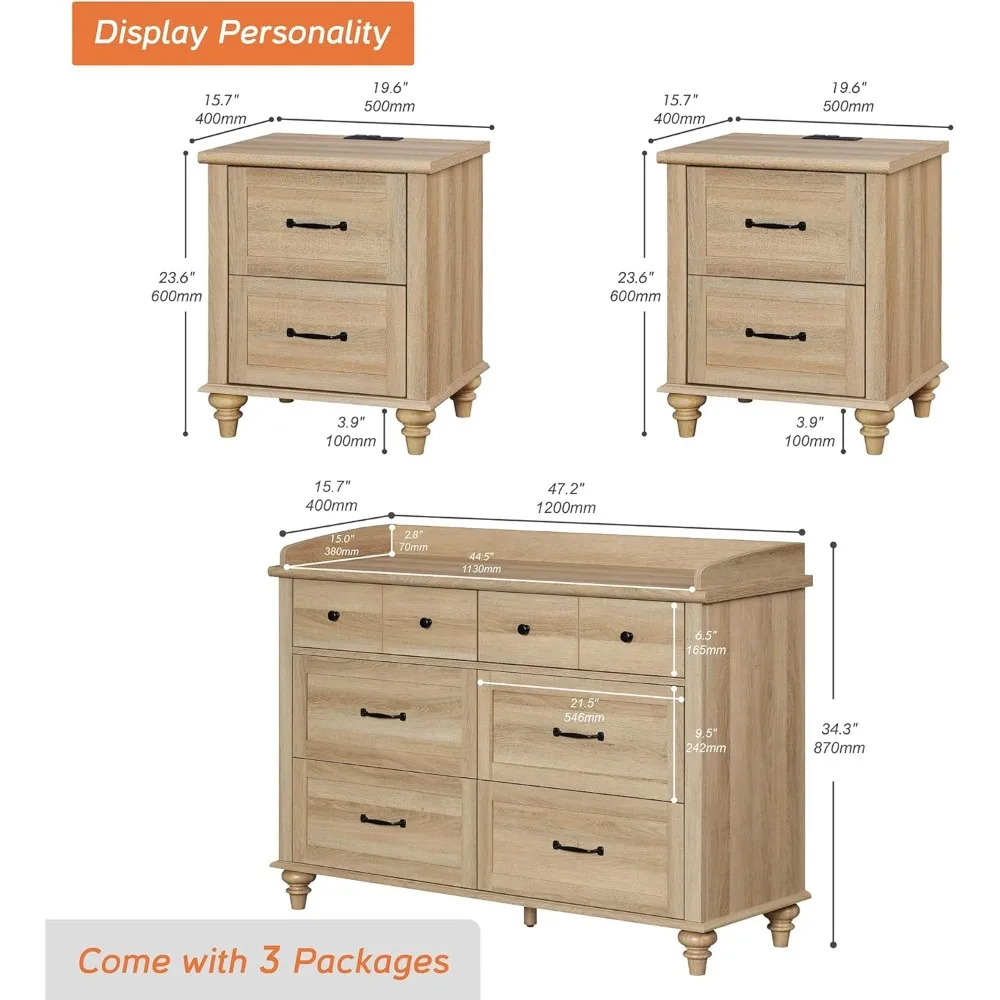 3 Piece Dresser and Nightstand Sets Farmhouse Dresser Chest of Drawers Set of 2 Nightstands End Table Charging Staion