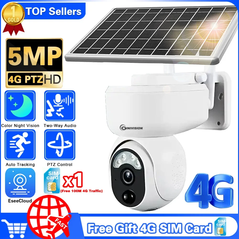 

5MP Solar Free Gift 4G Sim Card Camera 10800mAh Battery PTZ Surveillance Wireless PIR Human Tracking CCTV HD Outdoor Waterproof