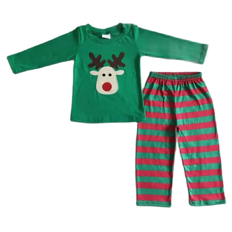 

Boys Christmas Embroidered Fawn Green Long Sleeve Trouser Set