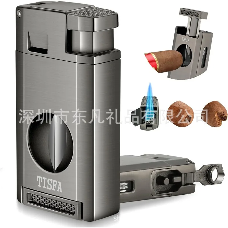 

Three-in-One Cigar Cutter Lighter Integrated Portable Cigar Tool Belt V-Shaped Scissors Piercer Double Direct Punch
