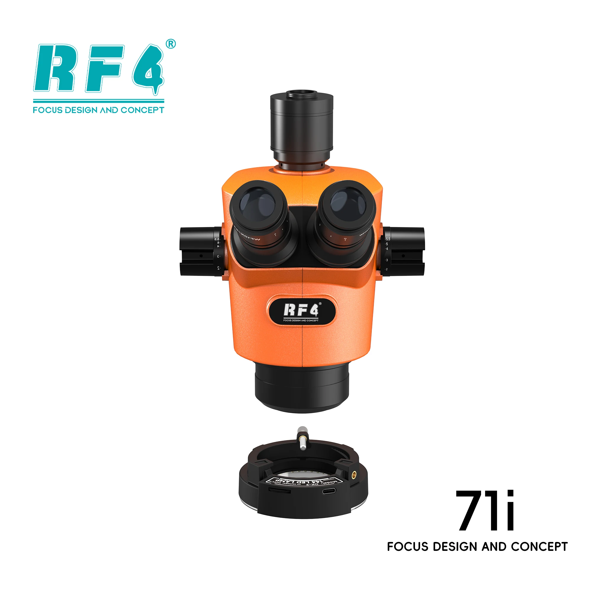 RF4 71i 새로운 30 ° C 인체공학적 초고화질 초점 조절 삼안 실체 현미경 6.5X-65X 휴대폰 납땜 PCB 수리용 현미경