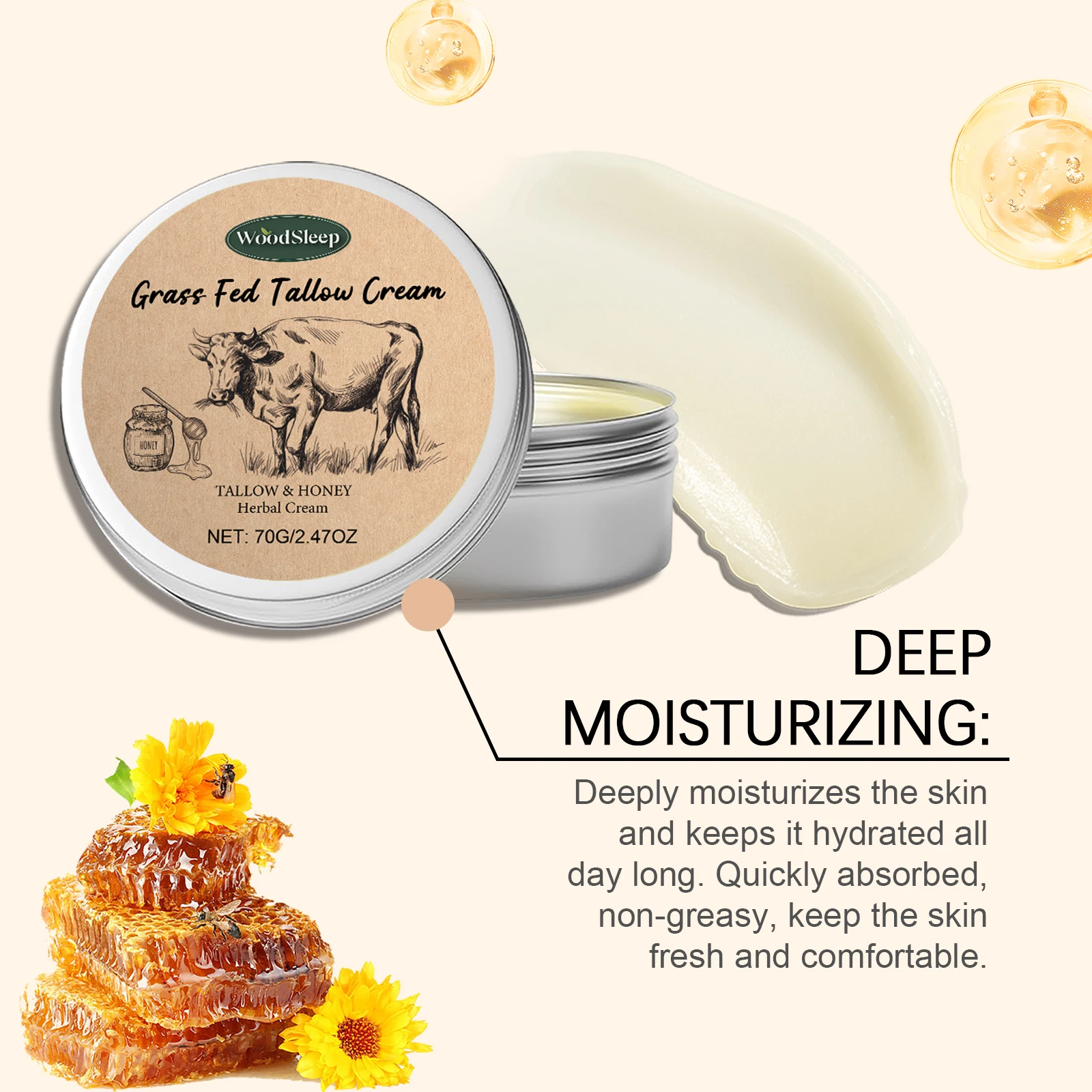 Beef Tallow Cream for Dry Damaged Skin Nourishing Body Balm Reduce Redness Anti Puffiness Firming Lifting Moisturizing Face Care 6
