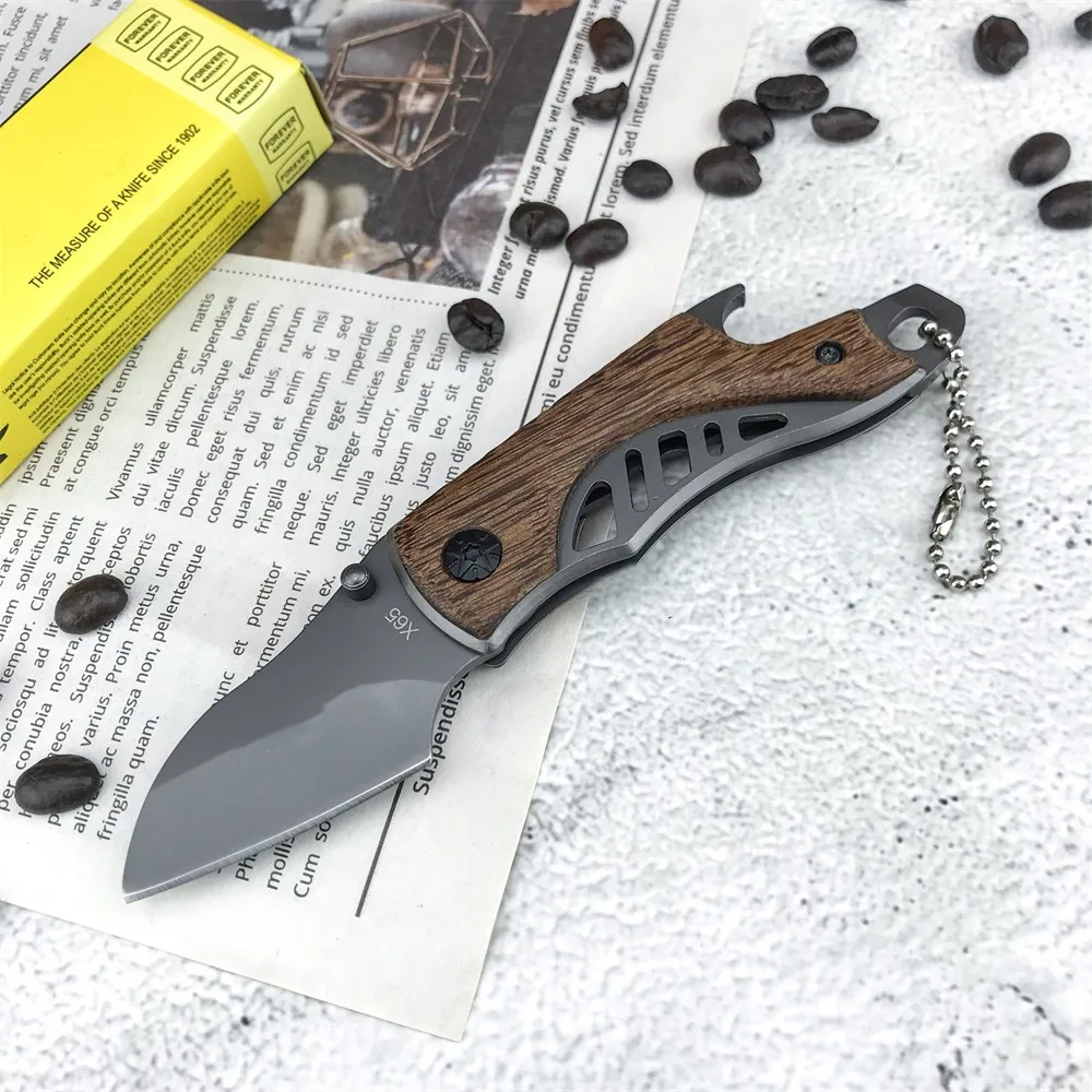 

BK X65 Pocket Folding Knife 3Cr13Mov Blade Wooden Handle Pocket Clip Bottle Opener Keychain Knife Multifunctional Sharp Tool EDC