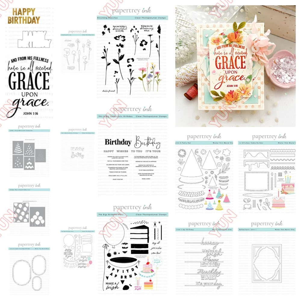 Scrapbooking Card 2025 New Papertrey Ink Dies Stamps Stencils Flowers Cake Builder Balloon Party Hat Birthday Sentiment Die DIY
