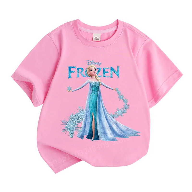 2024 New Design Cartoon Disney Frozen Princess Children 100%Cotton Girl Printed Street Casual Short Sleeve T-Shirt Girls Clothes 4