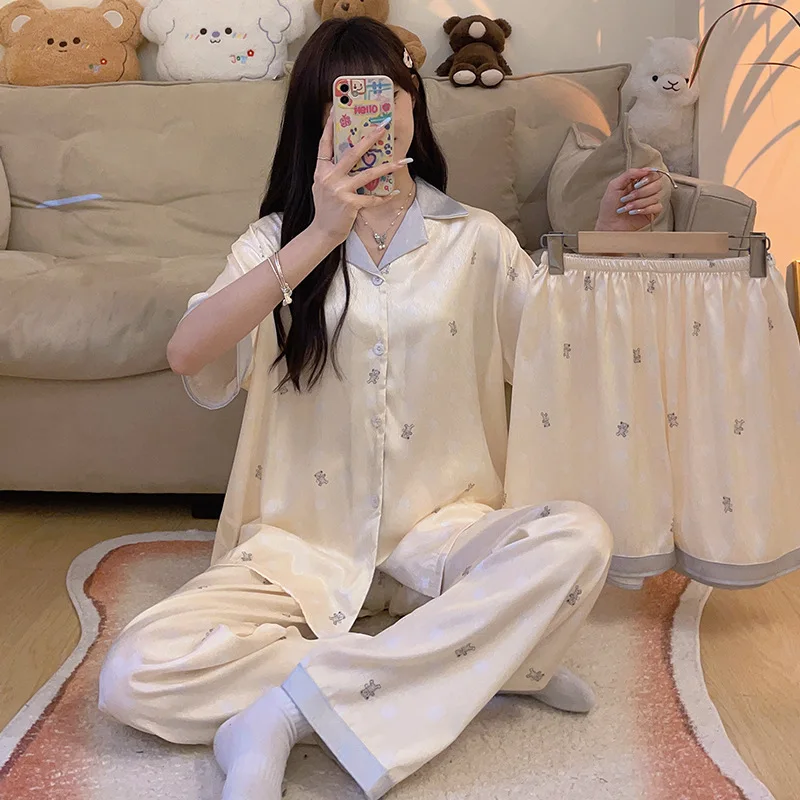[Bubble Bear Three Piece Set] New Spring/Summer Bubble Bear Short and Long Shorts New Pajamas Women's Home Furnishing Set