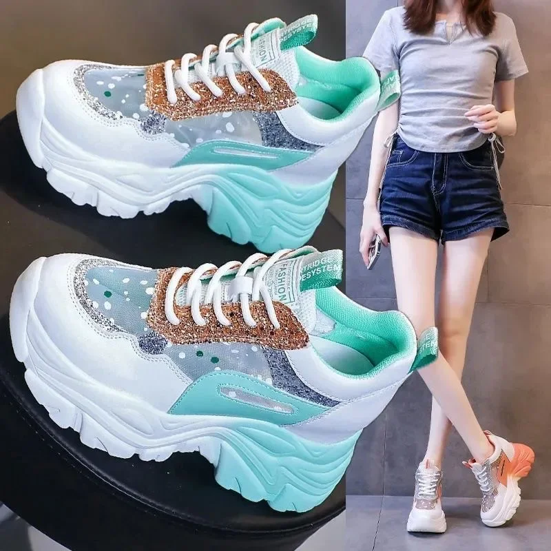 Women's Platform Shoes Autumn Casual Breathable Mesh Sequin Sneakers Wedges Sports Lace-up Non-slip women shoes,casual shoes,women sneakers