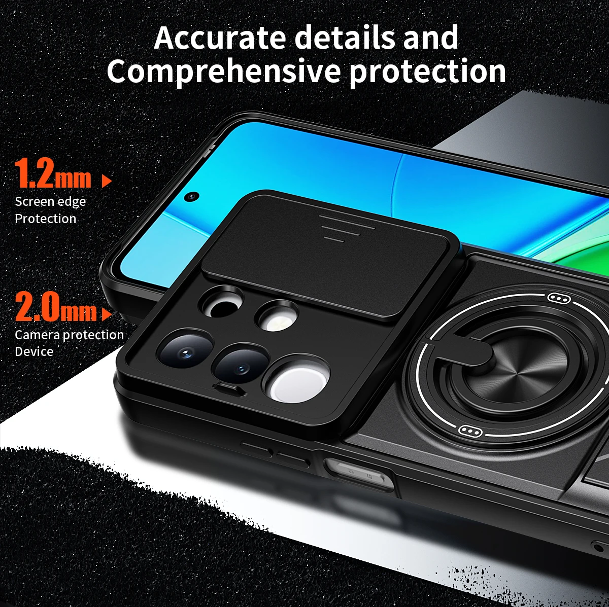 Camera Sliding Cover Phone Case with Double Bracket and Magnetic Ring Protection